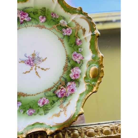 Lewis Straus LS&S Limoges Art Nouveau Roses w Gold 8” Plate France Green READ - Picture 5 of 10